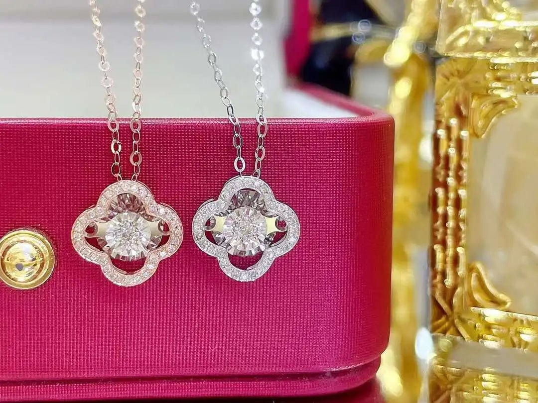 NINE'S Luxurious Classic Fashion Design 18K Real Gold Diamond Clover Pendant Necklace Women Fine Jewelry