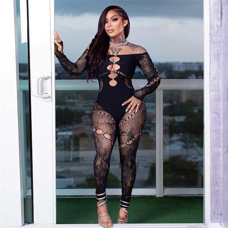 NN0026 one piece rompers rhinestone new arrival 2024 spring womens clothing see through mesh sexy bodycon solid jumpsuits women