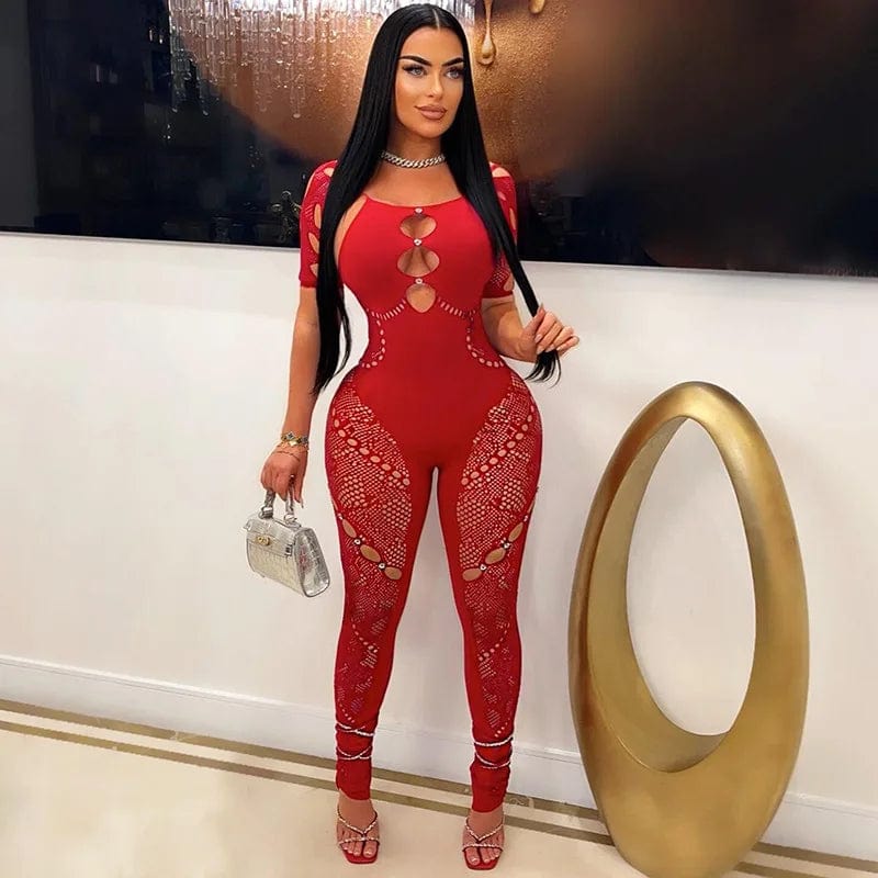 NN0026 one piece rompers rhinestone new arrival 2024 spring womens clothing see through mesh sexy bodycon solid jumpsuits women