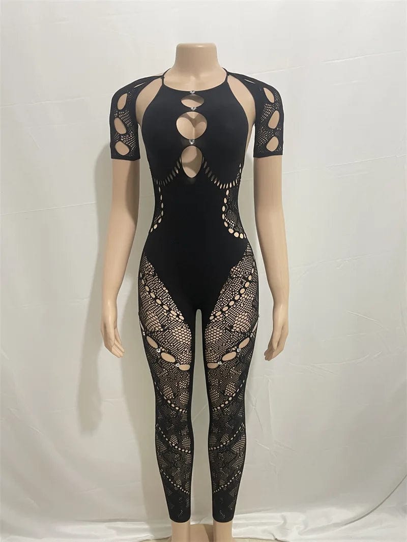NN0026 one piece rompers rhinestone new arrival 2024 spring womens clothing see through mesh sexy bodycon solid jumpsuits women