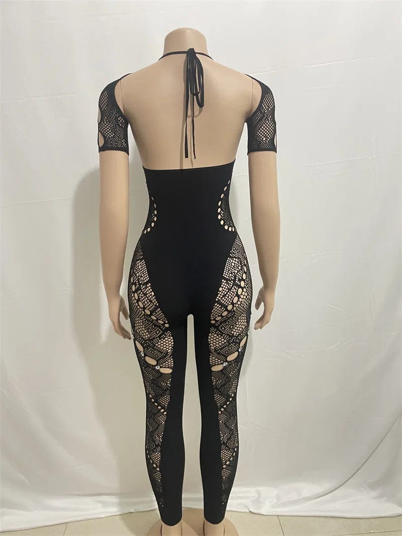 NN0026 one piece rompers rhinestone new arrival 2024 spring womens clothing see through mesh sexy bodycon solid jumpsuits women