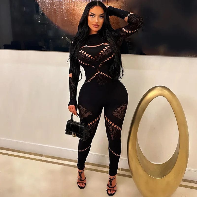 NN0042 new arrival 2024 spring womens clothing sexy playsuit hollow out lace rompers bodycon solid jumpsuits women
