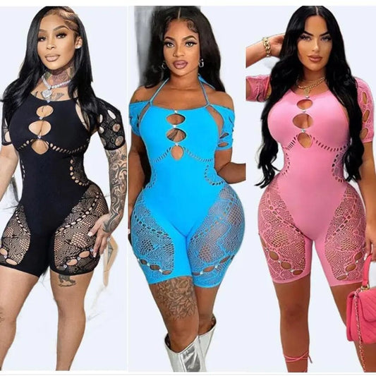 NN0044 new arrival 2024 summer sexy womens clothing solid jumpsuits hollow out lace rompers bodycon womens playsuit