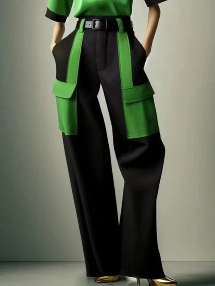 No belt included / S Beautyblue Fashion Woman Casual Pants Wide Leg Trousers 2025 Loose Contrast Color No Belt Pockets Black Green Bottoms Streetwear