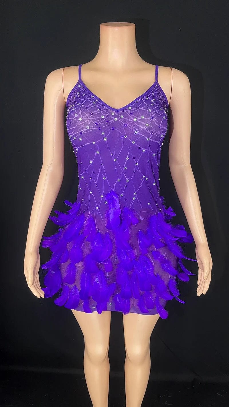 NOVANCE 2024 purple feather sexy mini shiny diamonds elegant evening dress with cape women sling plus size clothes for evening