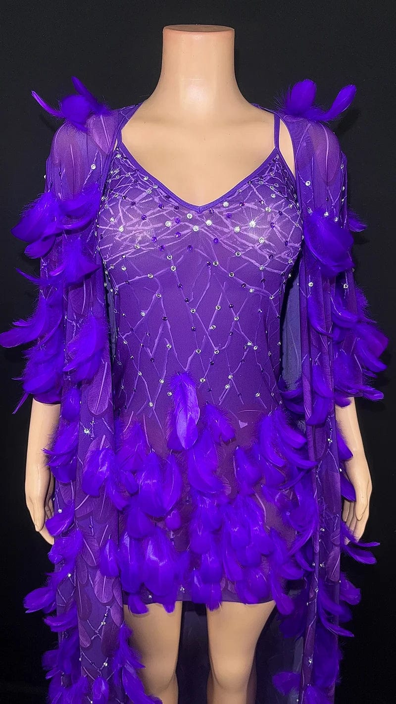 NOVANCE 2024 purple feather sexy mini shiny diamonds elegant evening dress with cape women sling plus size clothes for evening