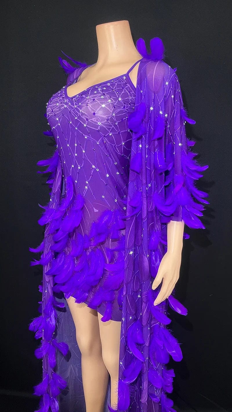 NOVANCE 2024 purple feather sexy mini shiny diamonds elegant evening dress with cape women sling plus size clothes for evening