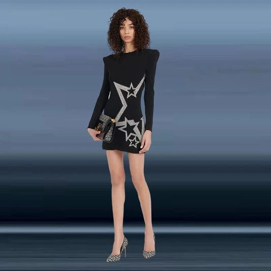 Novance B3132 Fast Air Shipping China to Canada Crystal Star Pattern Black Satin Dress Formal Bodycon Dress Women Elegant Outfit