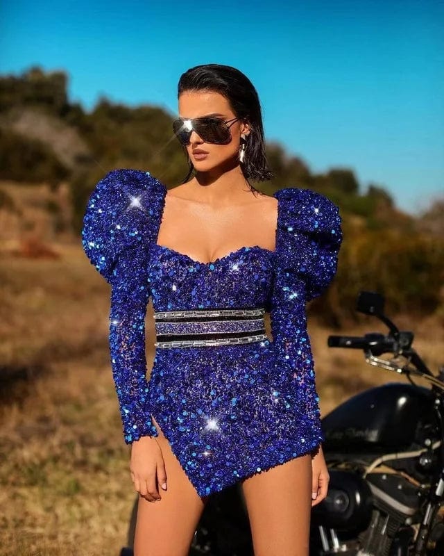 Novance F3019 Vendors For Clothing Shinny Bling Sequin Gala Dress Puff Sleeve High Slit Club Vestidos De Fiesta Mujer Azul Rey