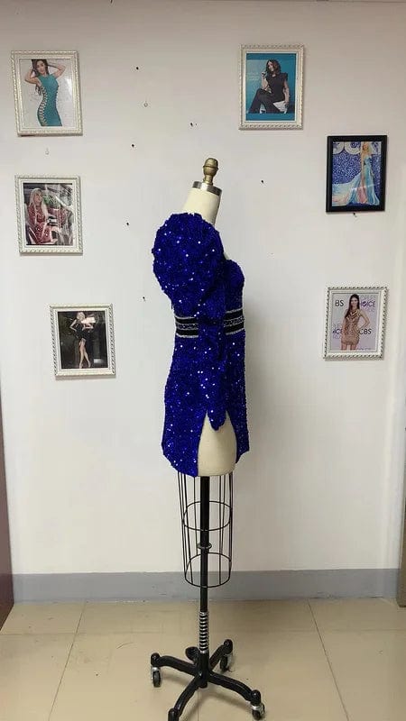 Novance F3019 Vendors For Clothing Shinny Bling Sequin Gala Dress Puff Sleeve High Slit Club Vestidos De Fiesta Mujer Azul Rey