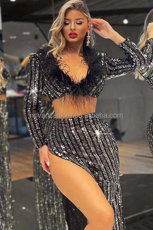 Novance womens clothing new arrivals 2 piece set slit wedding evening dresses 2022 sequined feather tropical vestidos de verano