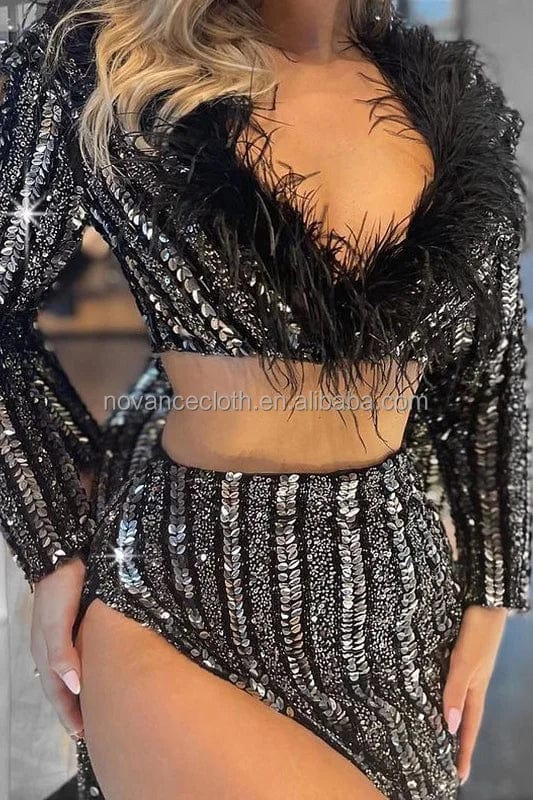 Novance womens clothing new arrivals 2 piece set slit wedding evening dresses 2022 sequined feather tropical vestidos de verano