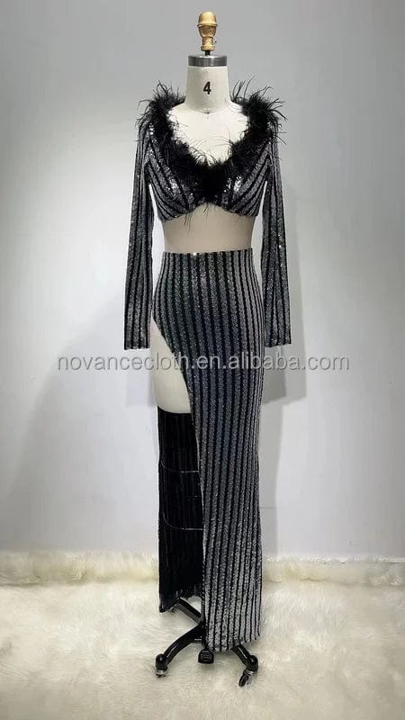 Novance womens clothing new arrivals 2 piece set slit wedding evening dresses 2022 sequined feather tropical vestidos de verano