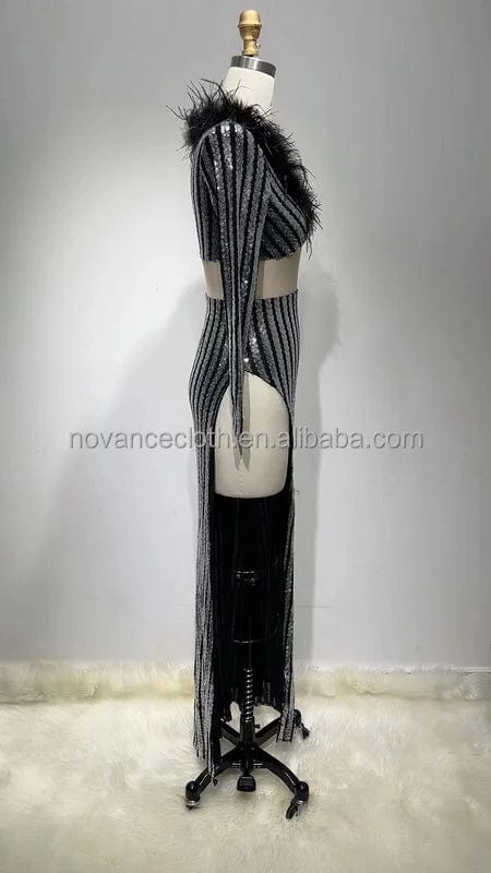 Novance womens clothing new arrivals 2 piece set slit wedding evening dresses 2022 sequined feather tropical vestidos de verano
