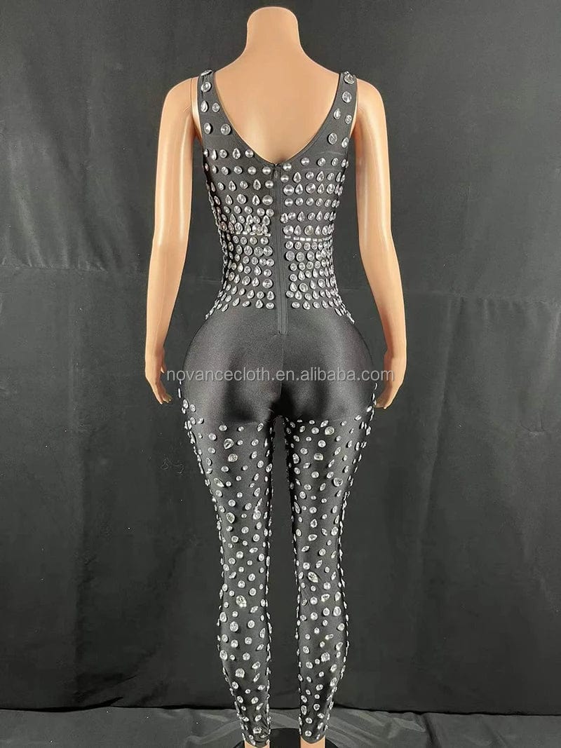 NOVANCE Y2141-B Jumpsuit Women Plus Size Diamond Crystal Bling Bodysuit Black Heel Leggings Square Collars Apparel Womens Wear