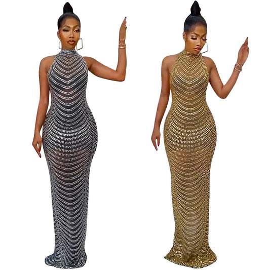Now Arrival 2024 Women Clubwear Backless Tight Party Evening Dress Women Mesh Rhinestone Long Maxi Dress