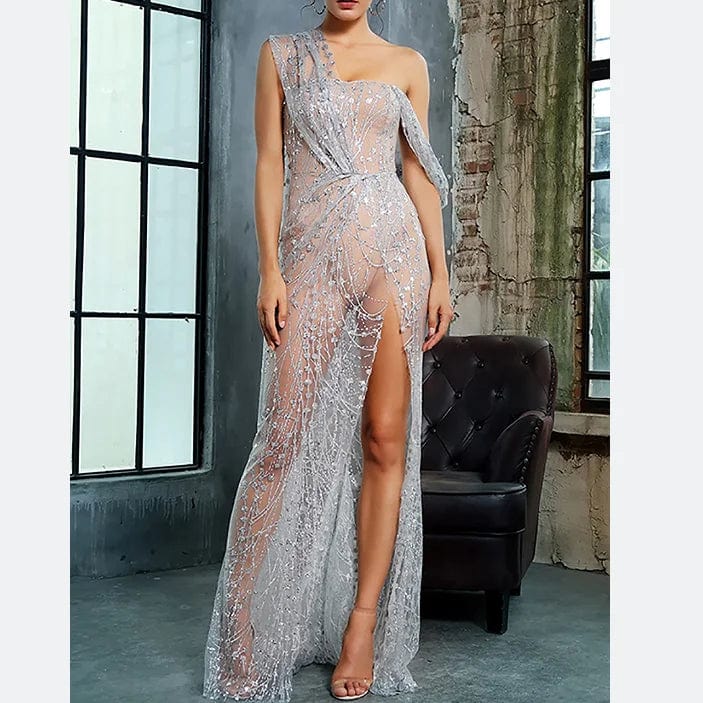 Ocstrade 2024 New Sparkly Sexy Elegant Party Dresses High Slit See Through Off Shoulder Women Glitter Mesh Maxi Evening Dress