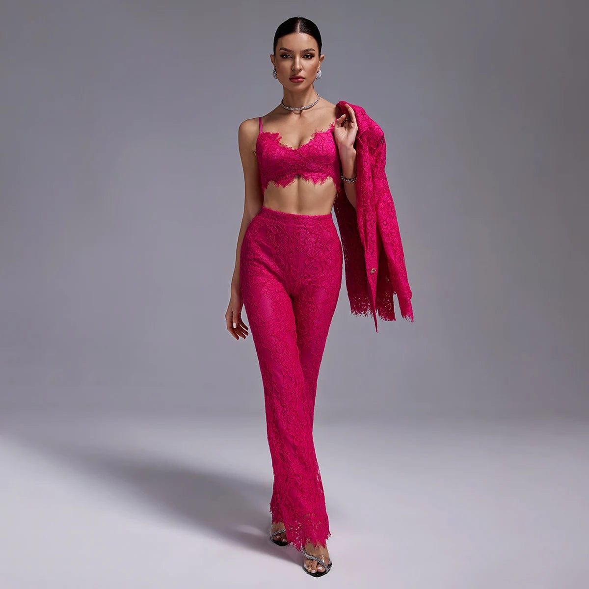 Ocstrade 2024 Spring Fashion Women Suits Set Blazer Lace Transparent Sexy Crop Top Single Breast Blazer Three Pieces Suit