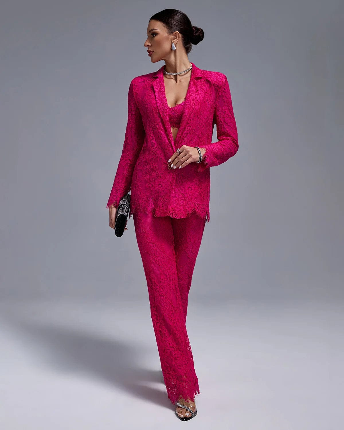 Ocstrade 2024 Spring Fashion Women Suits Set Blazer Lace Transparent Sexy Crop Top Single Breast Blazer Three Pieces Suit