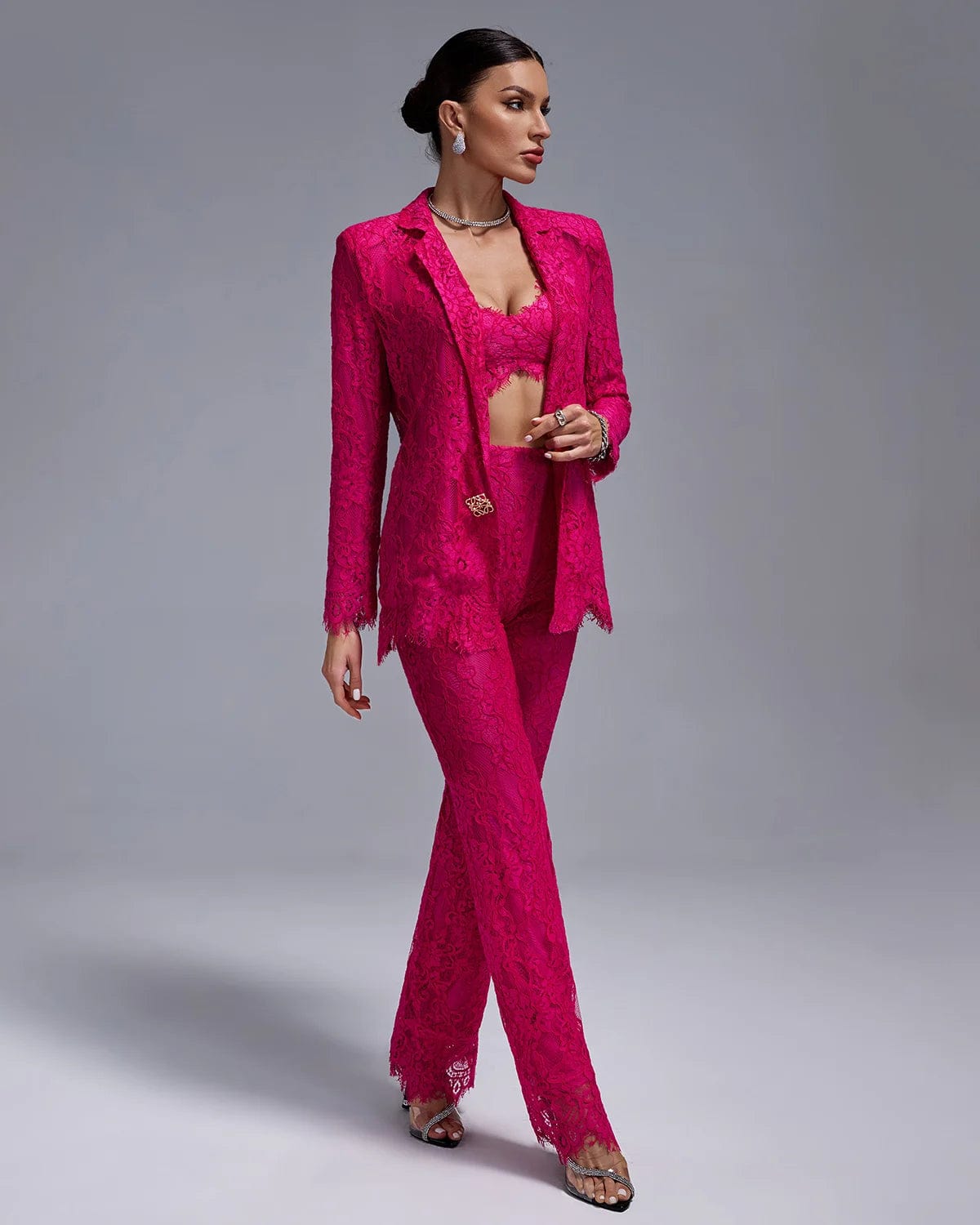 Ocstrade 2024 Spring Fashion Women Suits Set Blazer Lace Transparent Sexy Crop Top Single Breast Blazer Three Pieces Suit