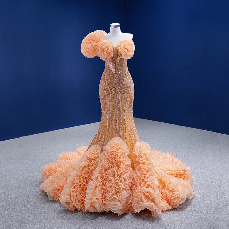 Ocstrade Banquet Luxury Ruffle Shoulder Mermaid Lace Up Sleeveless Flowers Backless Maxi Chic Evening Dress For Women Ladies