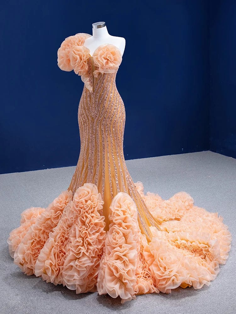 Ocstrade Banquet Luxury Ruffle Shoulder Mermaid Lace Up Sleeveless Flowers Backless Maxi Chic Evening Dress For Women Ladies