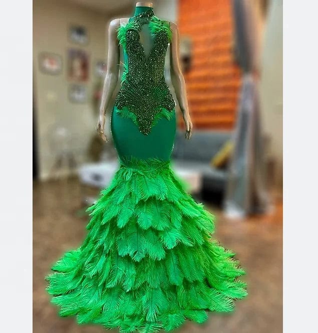 Ocstrade Feather Rhinestone Party Evening Dress Emerald Green Prom Dress 2023 Women Ball Gown Plus Size Prom Dresses For Women