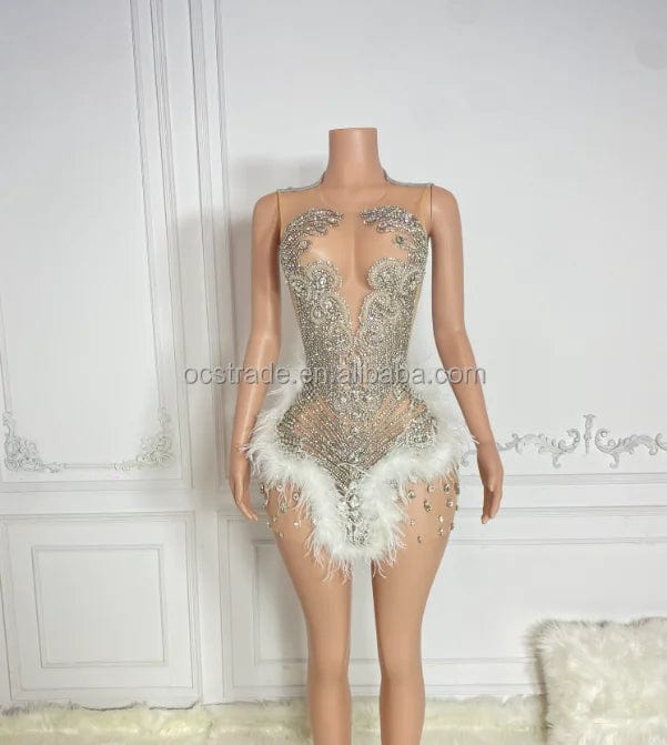 Ocstrade Glitter Rhinestone Birthday Feather Dresses Women Sexy Diamonds Sparkly Pink Beaded Short Prom Dresses 2024 Luxury