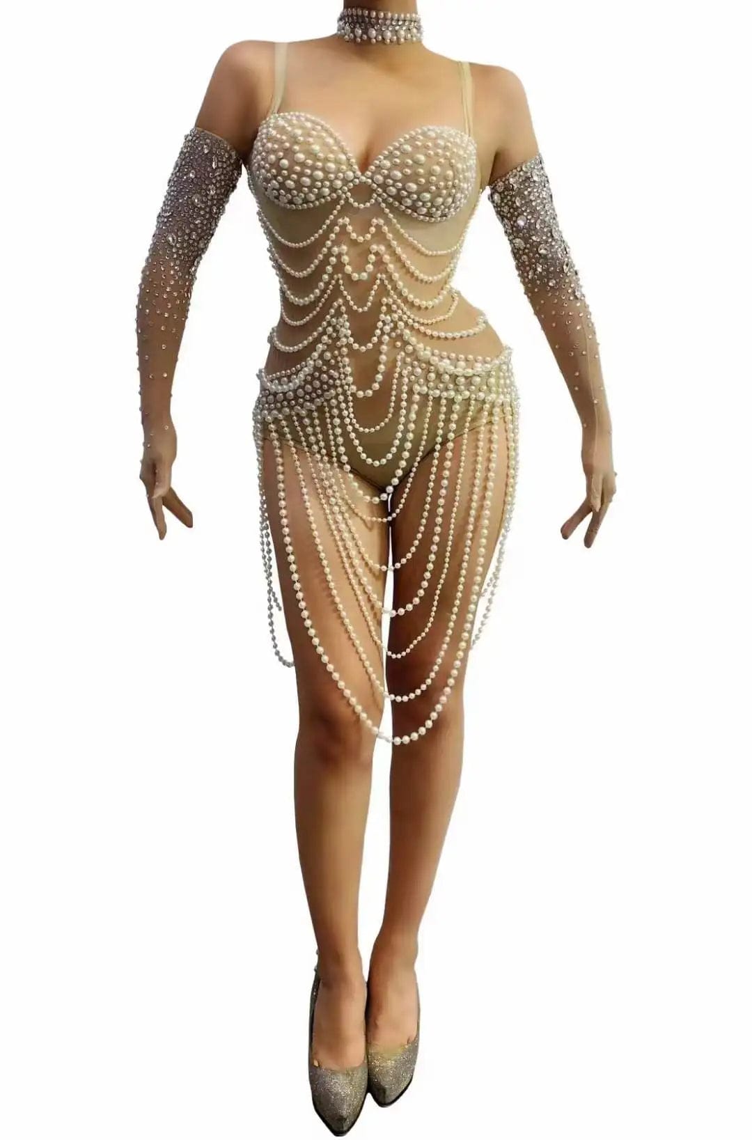 Ocstrade Latest Design Spaghetti Strap Diamond Bead String Clothing Pearl Sexy Slim Fit Ladies Stage Performance Bodysuits