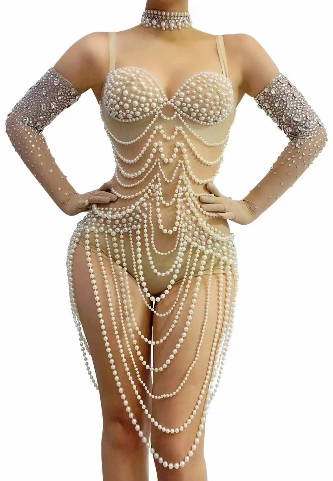 Ocstrade Latest Design Spaghetti Strap Diamond Bead String Clothing Pearl Sexy Slim Fit Ladies Stage Performance Bodysuits