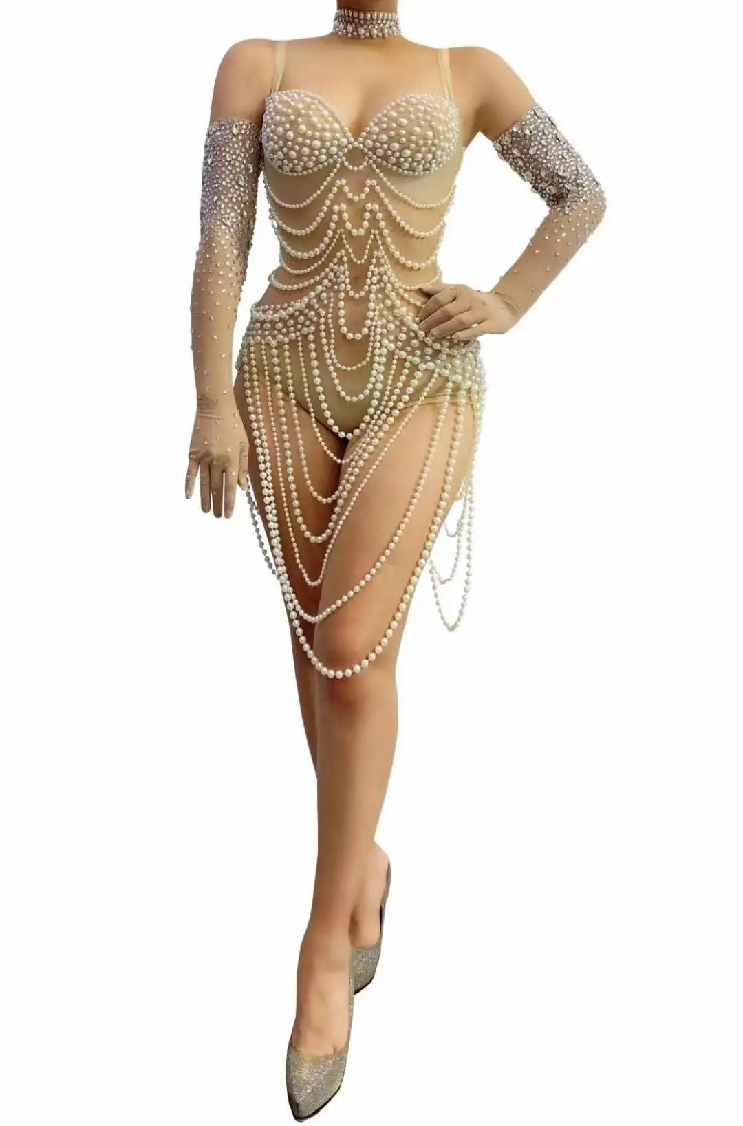 Ocstrade Latest Design Spaghetti Strap Diamond Bead String Clothing Pearl Sexy Slim Fit Ladies Stage Performance Bodysuits