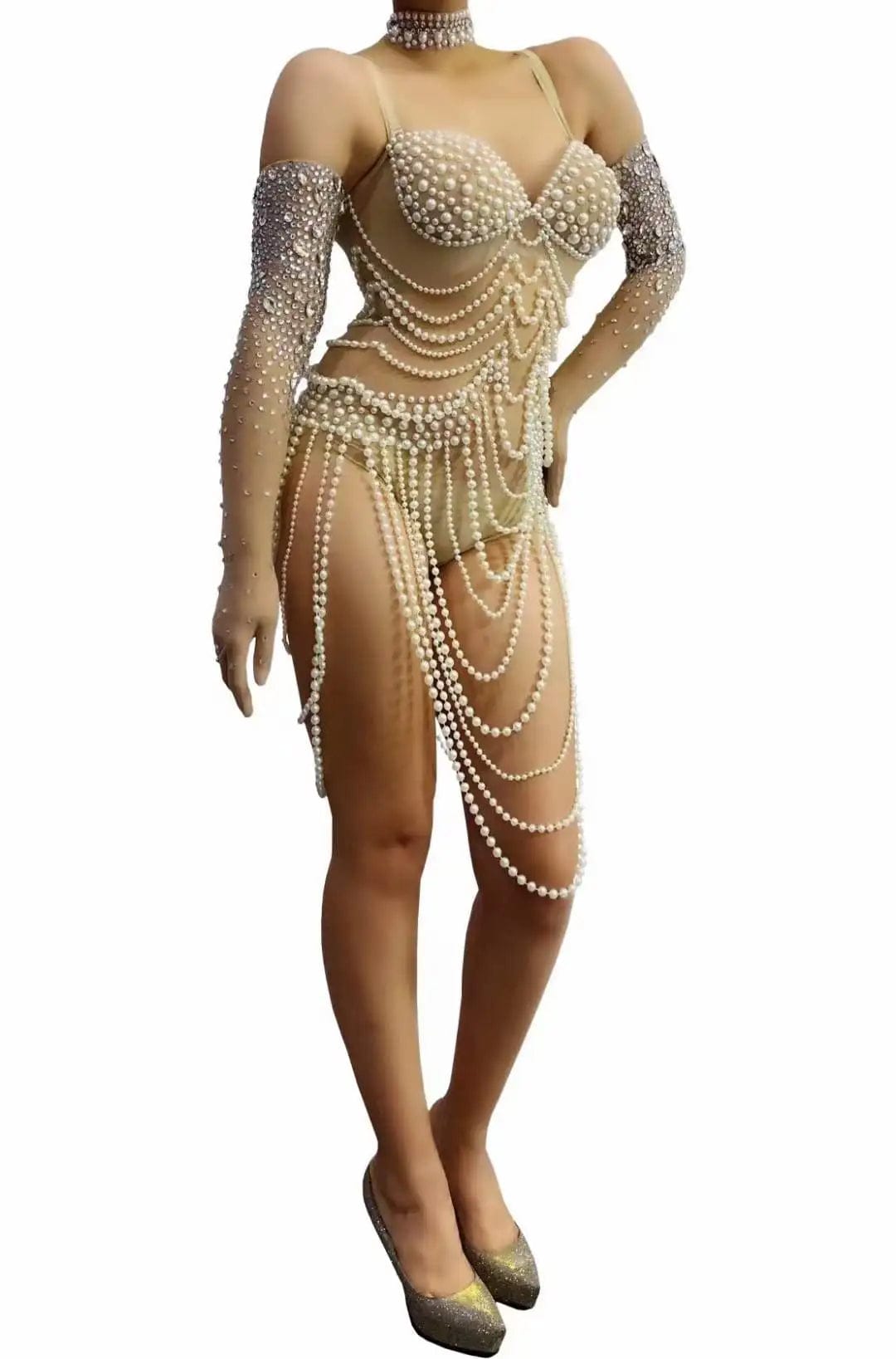 Ocstrade Latest Design Spaghetti Strap Diamond Bead String Clothing Pearl Sexy Slim Fit Ladies Stage Performance Bodysuits
