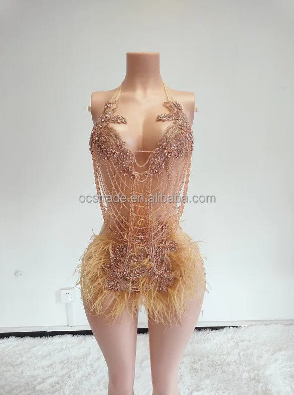 Ocstrade Mesh See Through Crystal Black Rhinestone Mini Birthday Dress Feather Halter Neck Sexy Dresses Women Night Club 2024