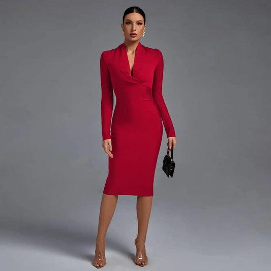 Ocstrade Vestidos Fall Winter Women Long Sleeve Low V Neck Elegant Maxi Bodycon Wedding Evening Bandage Dresses Modern Dress