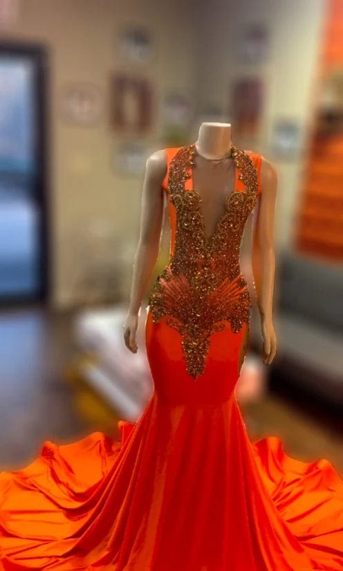 Ocstrade XL Plus Size Women's Evening Prom Dresses 2024 Women Elegant Custom Gold Rhinestone Orange Maxi Prom Dress Romantic