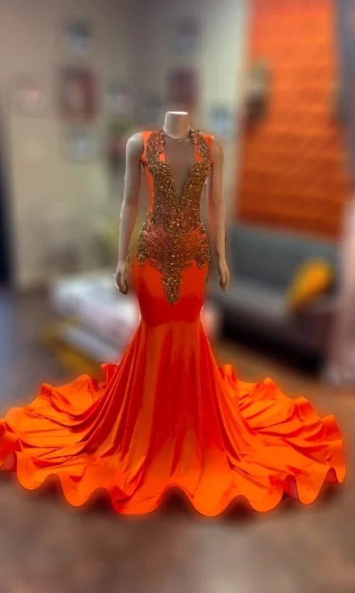 Ocstrade XL Plus Size Women's Evening Prom Dresses 2024 Women Elegant Custom Gold Rhinestone Orange Maxi Prom Dress Romantic