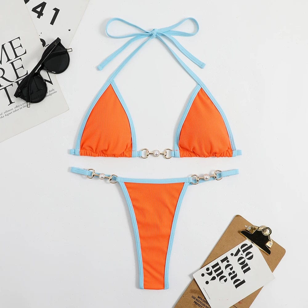 OEM Service Custom Sexy Ribbed Bikini Set Micro Bikinis 2024 Strings Chain Swimsuit Women Swimwear Brazilian Bathing Suit Biquin
