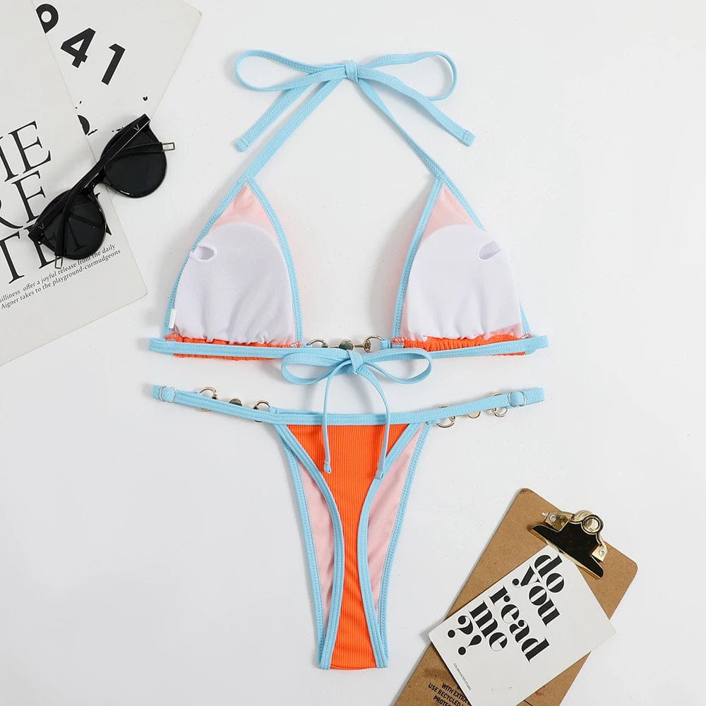OEM Service Custom Sexy Ribbed Bikini Set Micro Bikinis 2024 Strings Chain Swimsuit Women Swimwear Brazilian Bathing Suit Biquin