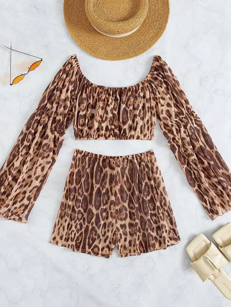 Off shoulder Cover Up Women Sexy Leopard Beach Cover Up Set Swimwear Long Sleeve Beachwear 2024 Mesh Summer Beach Outfits