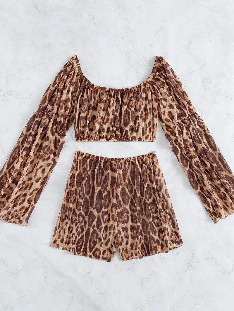 Off shoulder Cover Up Women Sexy Leopard Beach Cover Up Set Swimwear Long Sleeve Beachwear 2024 Mesh Summer Beach Outfits
