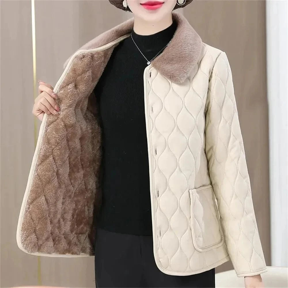 Off-White Plush / L Winter Plush Jacket Winter Mom's Fashion Plus Size Loose Thick Fur Collar Coat For Mid-Aged Women With Velvet Warm Quilted Coat
