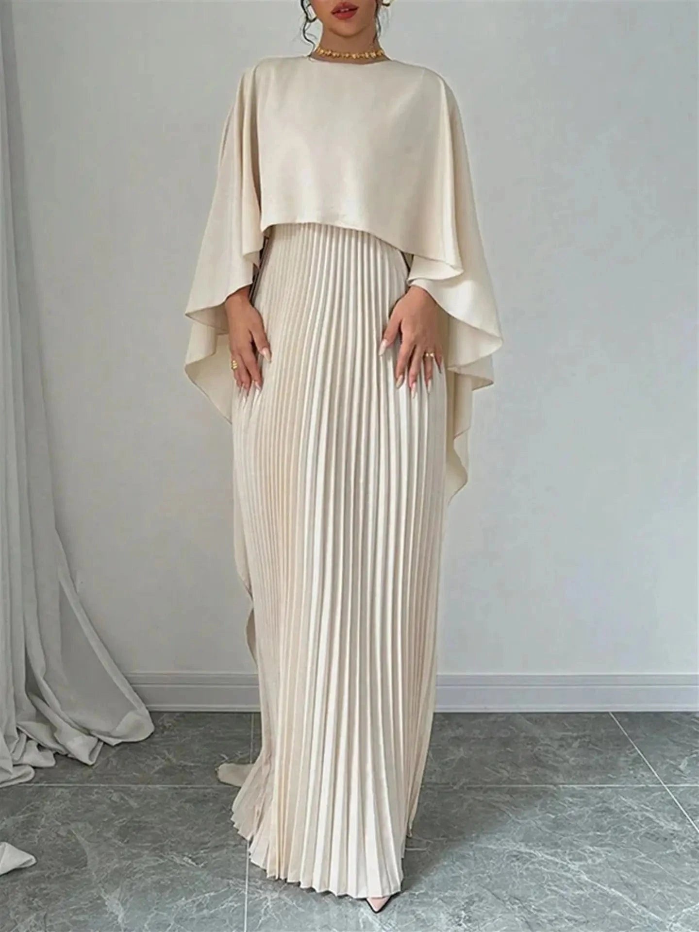 off-white / S 2025 New Women's Spring Summer Fashion Loose Bat Sleeve Curling Irregular Elegant Seven Inch Sleeve Long Dress