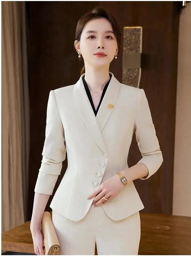 Office Business Women's Suit Pants Two-piece Set 2024 New Spring Autumn Long Sleeve Heart Button Jacket Slim Trousers Skirts