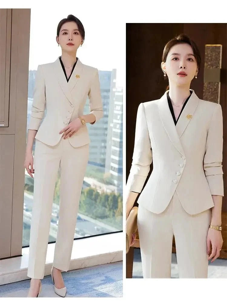 Office Business Women's Suit Pants Two-piece Set 2024 New Spring Autumn Long Sleeve Heart Button Jacket Slim Trousers Skirts