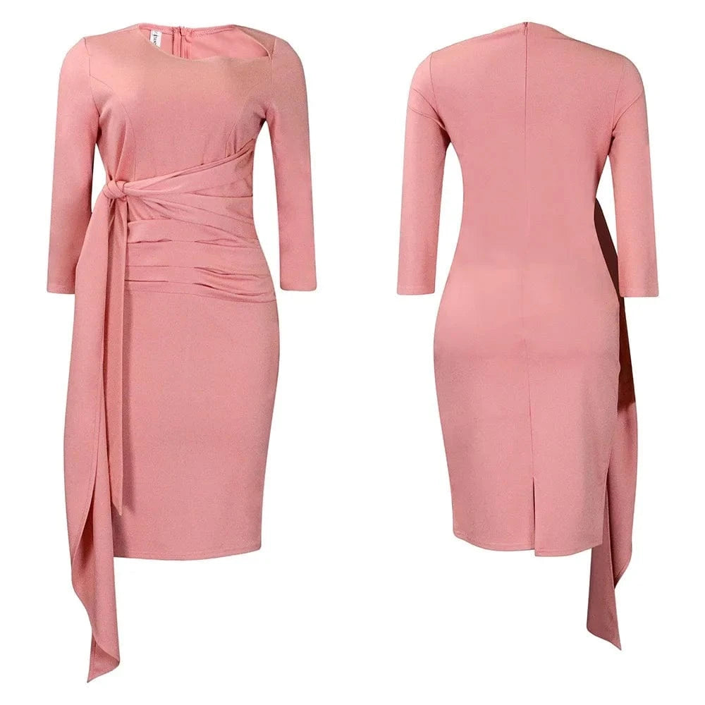 Office Dresses for Woman 2024 New Skew Collar Full Sleeve Sashes Sheath Package Hips Mid Calf Professional Business Work Dress