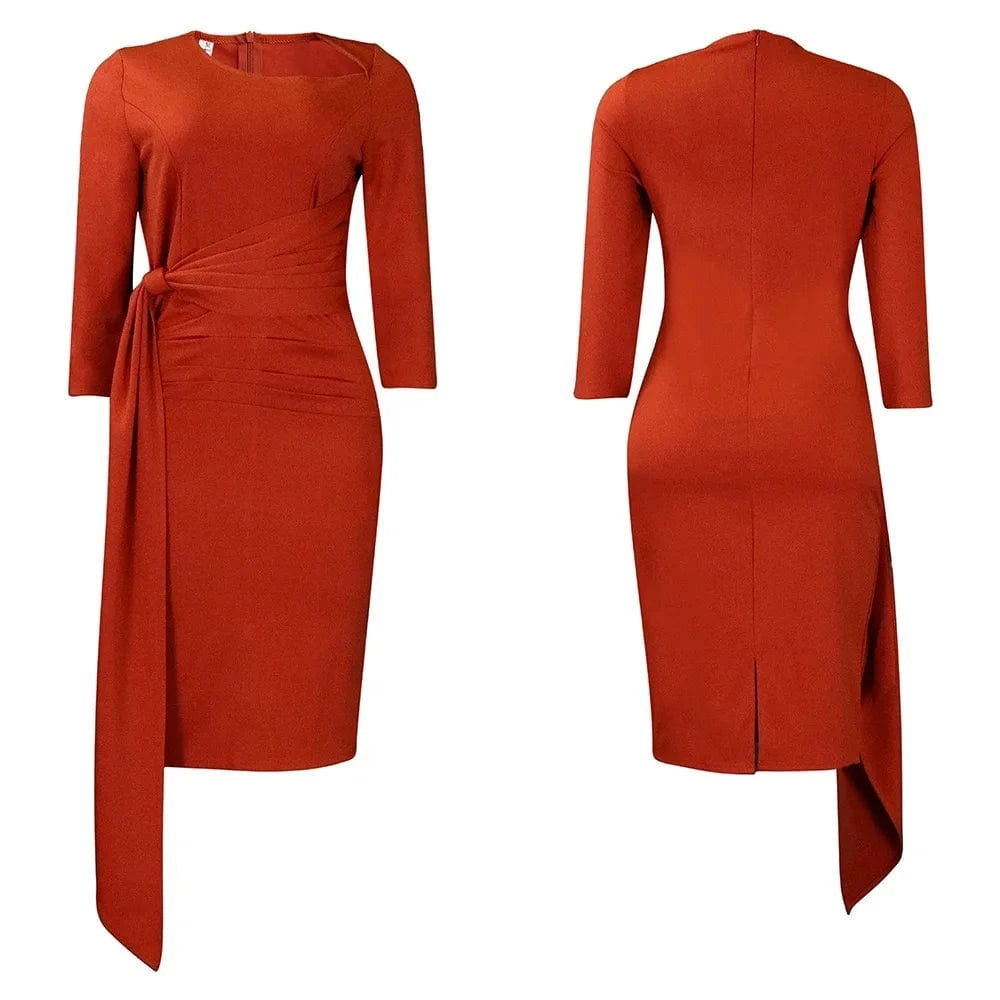 Office Dresses for Woman 2024 New Skew Collar Full Sleeve Sashes Sheath Package Hips Mid Calf Professional Business Work Dress