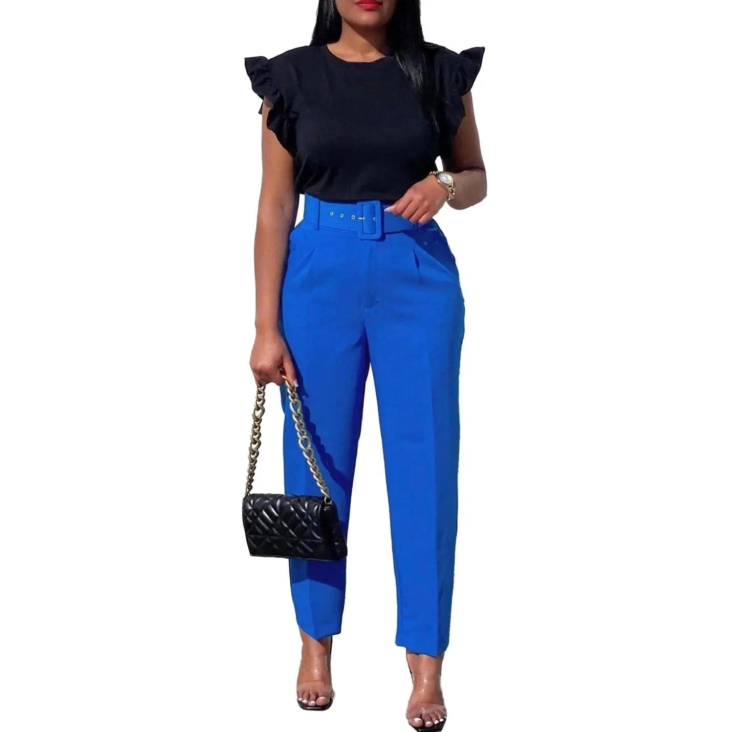 Office Pants Women 2024 Professional High Waisted Belt Waisted Straight Fashion African Business Work Wear Long Trousers Pants