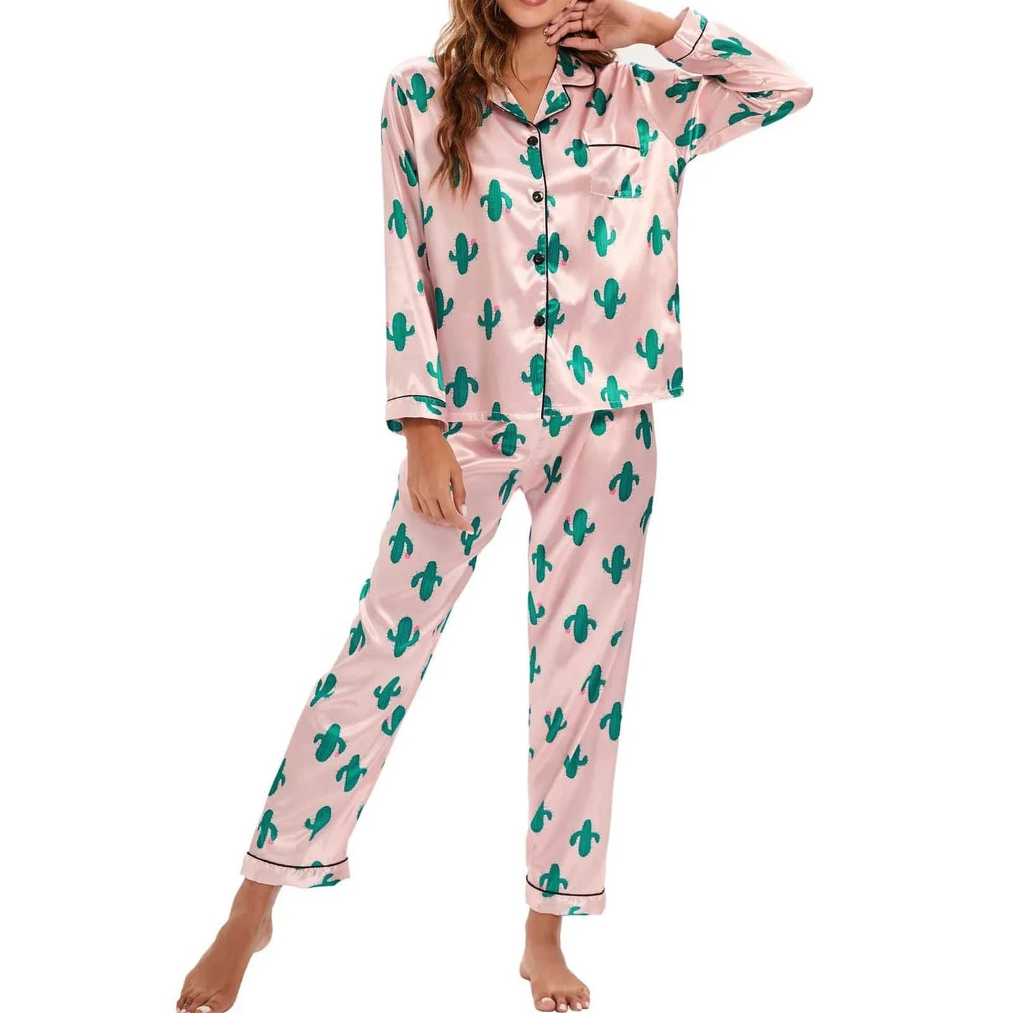 OH / M Women 2 Pieces Satin Pajamas Set Spring Autumn Long Sleeve Button Up Shirt and Casual Loose Elastic Pants Sleepwear Loungewear