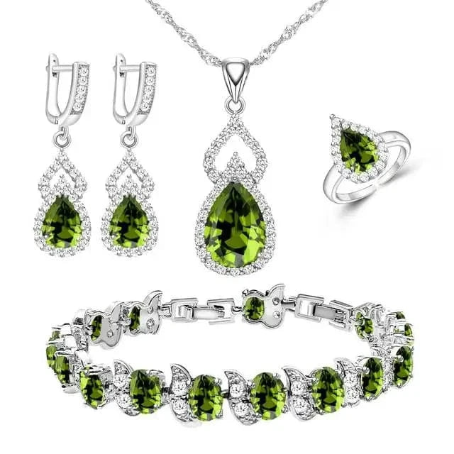 Olive Green Women Silver 925 Custom Jewelry Sets Red Garnet Earrings Necklace Open Ring Bracelets Set for Mom/Wife/Friend