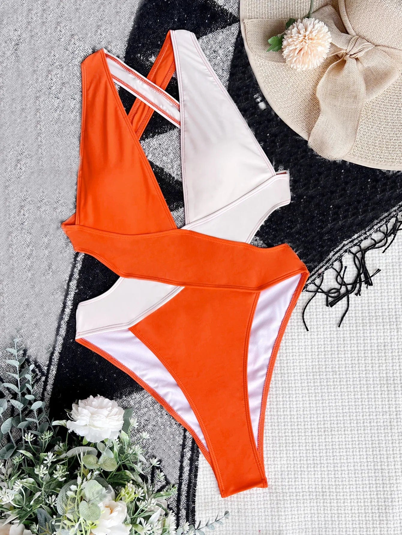 One Piece Swimsuit 2024 Woman Luxury Sexy Deep V Neck Swimwear Orange and White Patchwork Badpak Mide Waist Outfits 6 Colors
